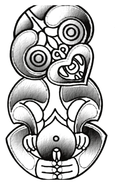 Figura hei tiki māori de trazo redondeado y sombreado suave, dibujo de Leo Martínez.