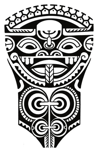 Máscara tiki marquesana de gran formato, con dentadura marcada y ojos en rombo, dibujo de Leo Martínez.